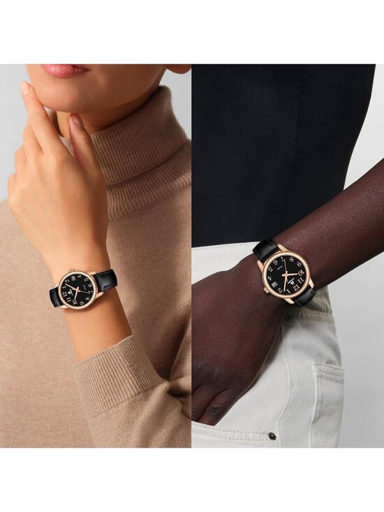 Women Black Rose Gold Leather Strap Analog Quartz Luminous Dial Waterproof Watch